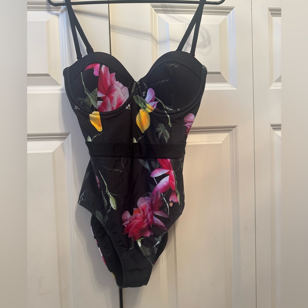 Ted Baker One Piece Swimsuit Citrus Bloom 36C/D Cup NWT Black Pink Flowers Lemon